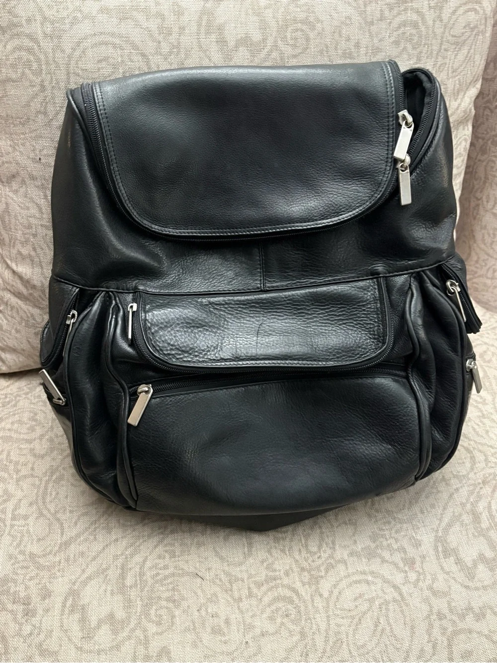 Wilsons Leather Black Leather Backpack with Colorful Floral Scarf